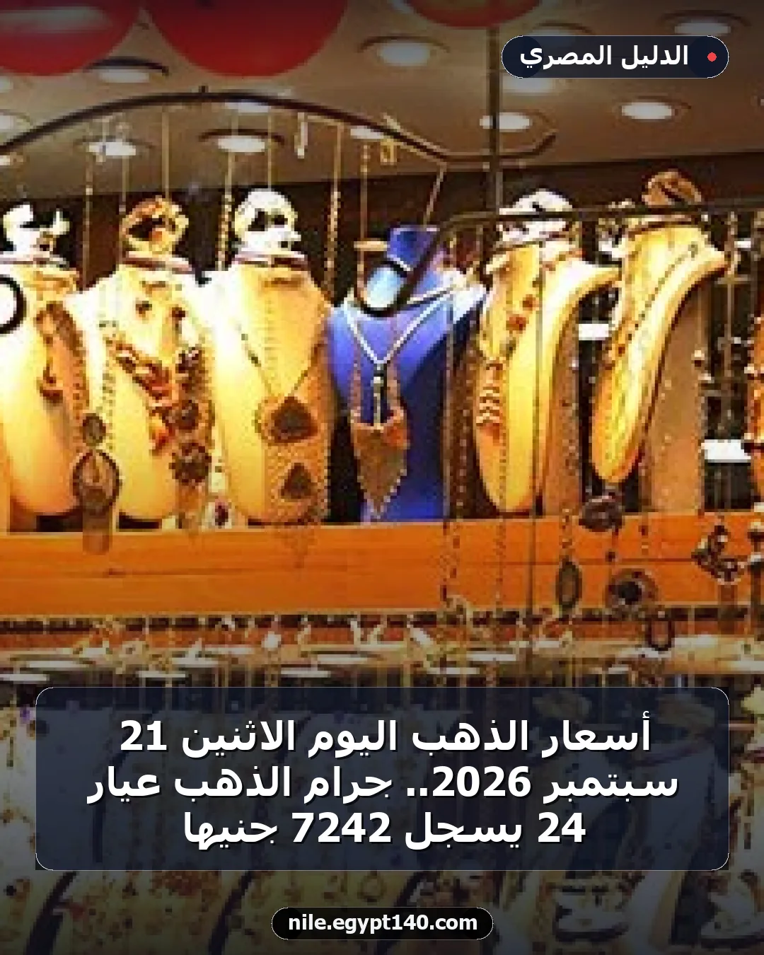 أسعار الذهب اليوم الاثنين 21 سبتمبر 2026.. جرام الذهب عيار 24 يسجل 7242 جنيها