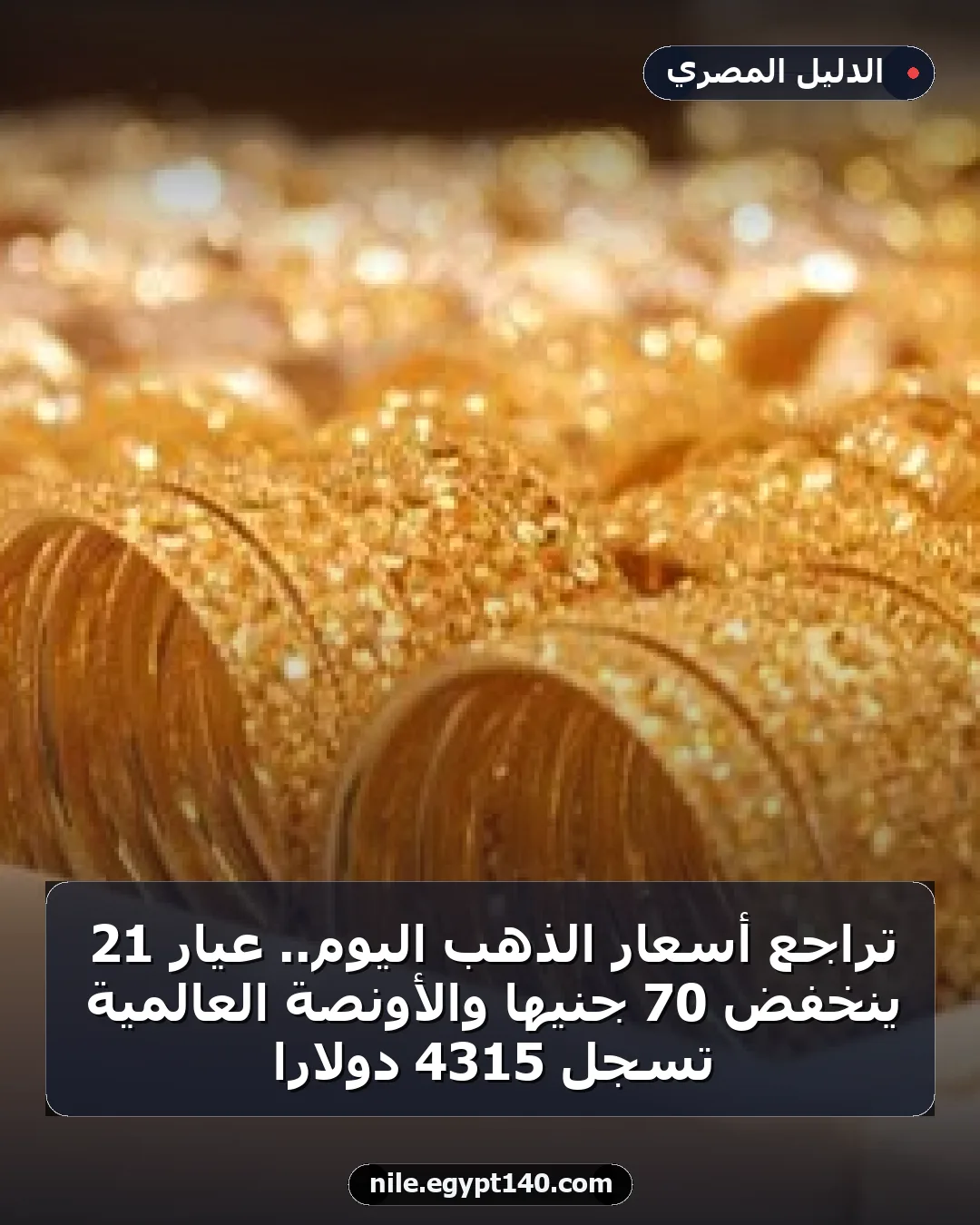 تراجع أسعار الذهب اليوم.. عيار 21 ينخفض 70 جنيها والأونصة العالمية تسجل 4315 دولارا
