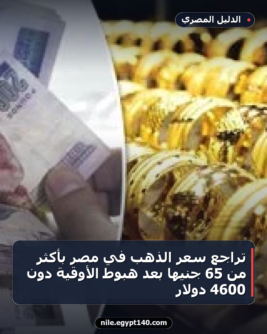 تراجع سعر الذهب في مصر بأكثر من 65 جنيها بعد هبوط الأوقية دون 4600 دولار