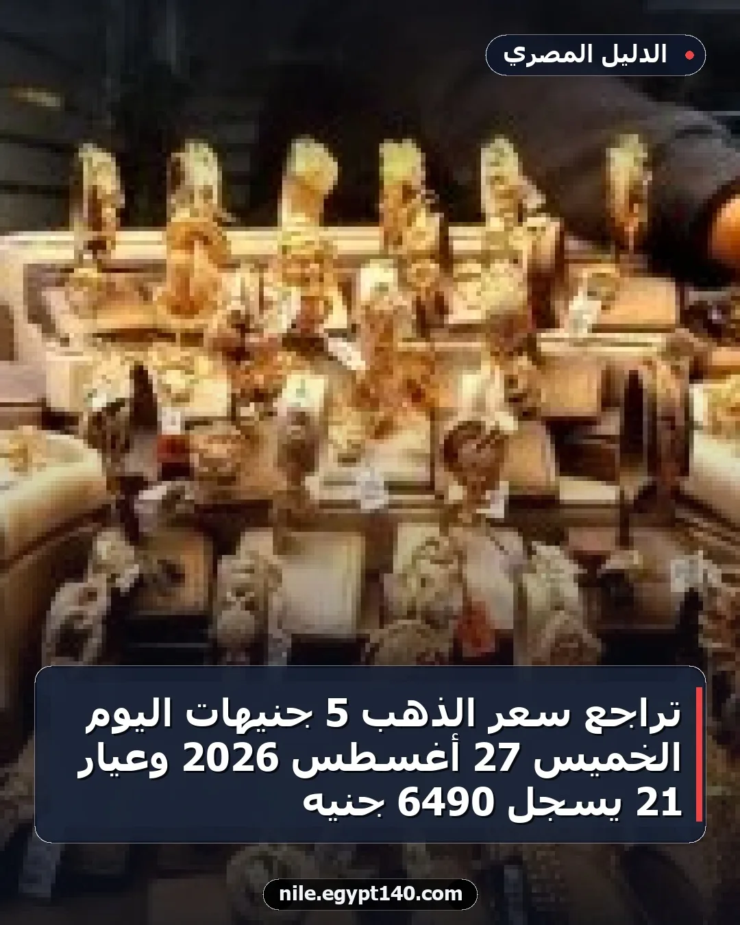 تراجع سعر الذهب 5 جنيهات اليوم الخميس 27 أغسطس 2026 وعيار 21 يسجل 6490 جنيه