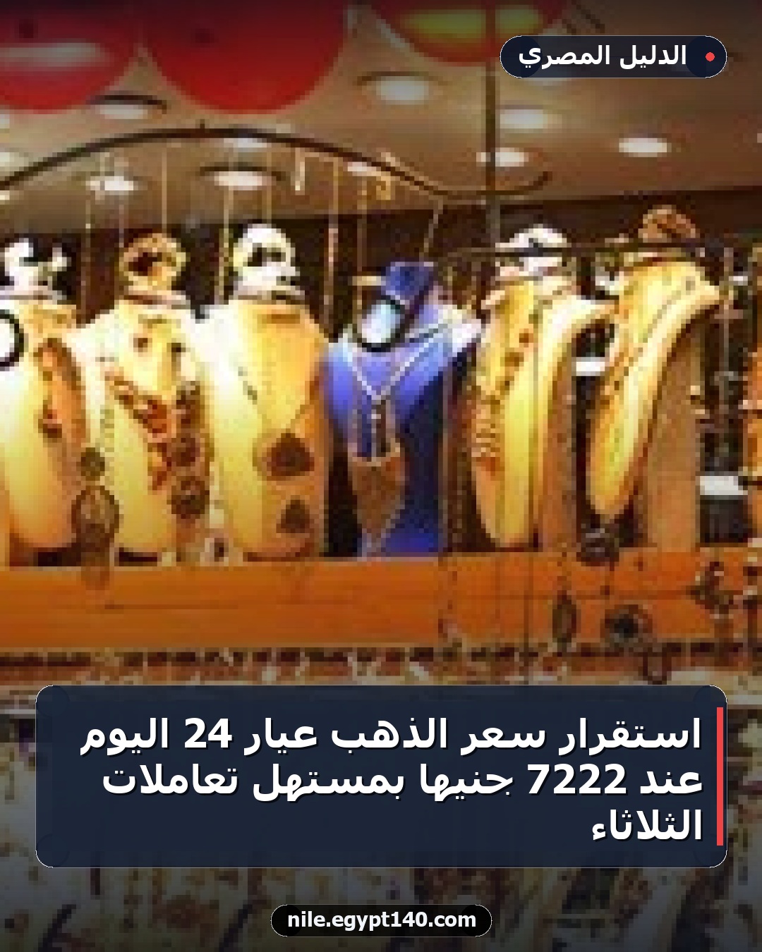 استقرار سعر الذهب عيار 24 اليوم عند 7222 جنيها بمستهل تعاملات الثلاثاء