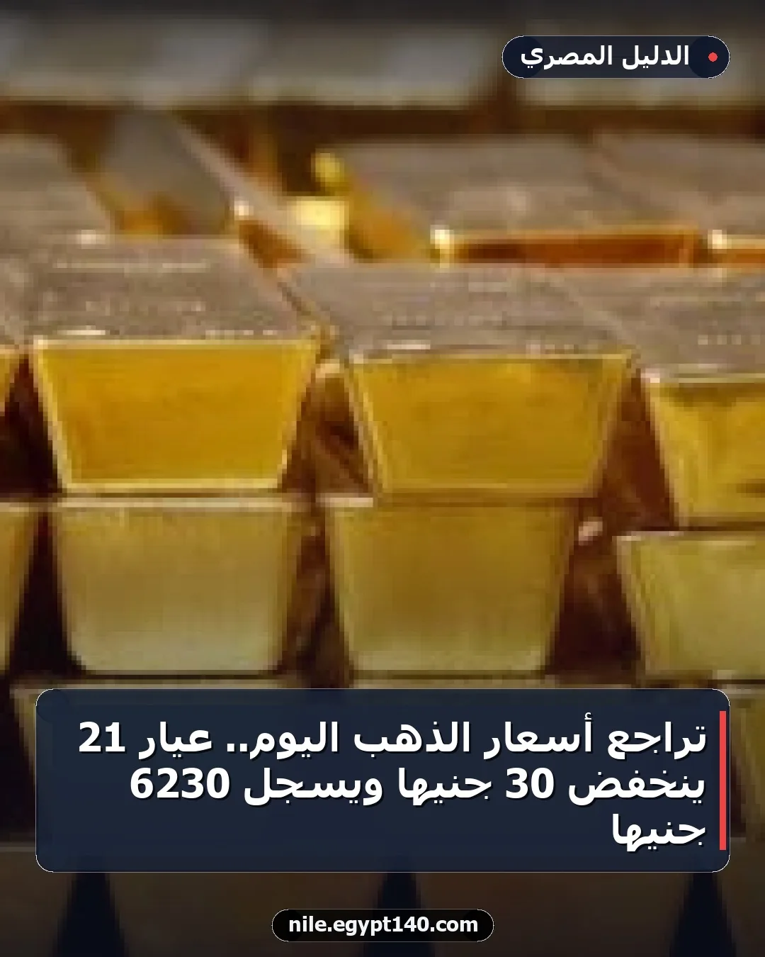 تراجع أسعار الذهب اليوم.. عيار 21 ينخفض 30 جنيها ويسجل 6230 جنيها