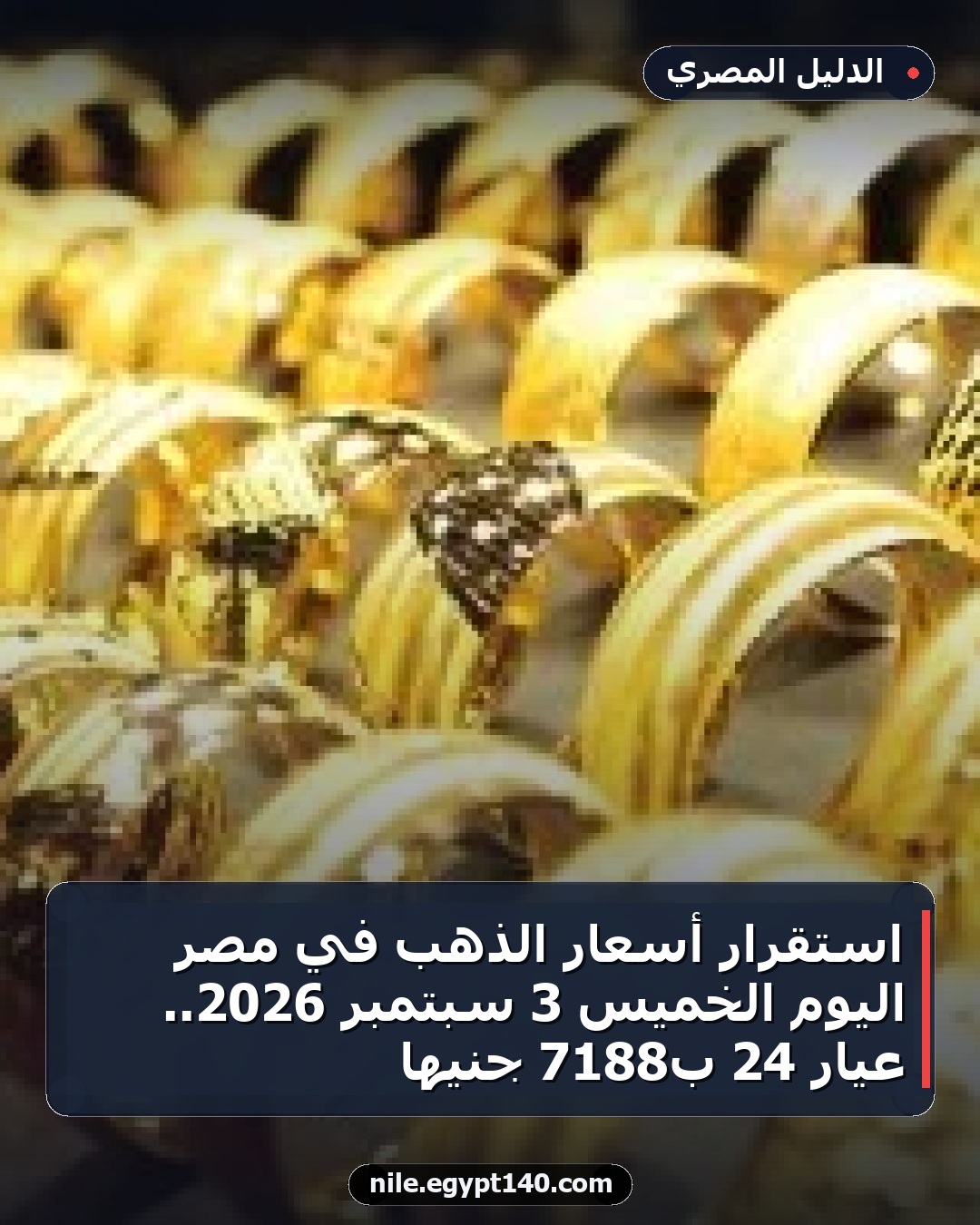 استقرار أسعار الذهب في مصر اليوم الخميس 3 سبتمبر 2026.. عيار 24 بـ7188 جنيها