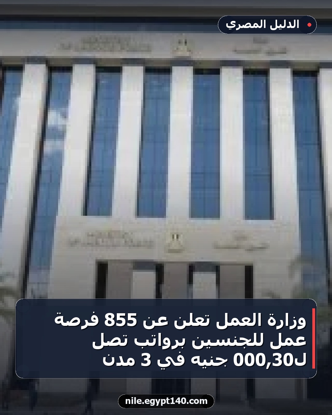 وزارة العمل تعلن عن 855 فرصة عمل للجنسين برواتب تصل لـ30,000 جنيه في 3 مدن