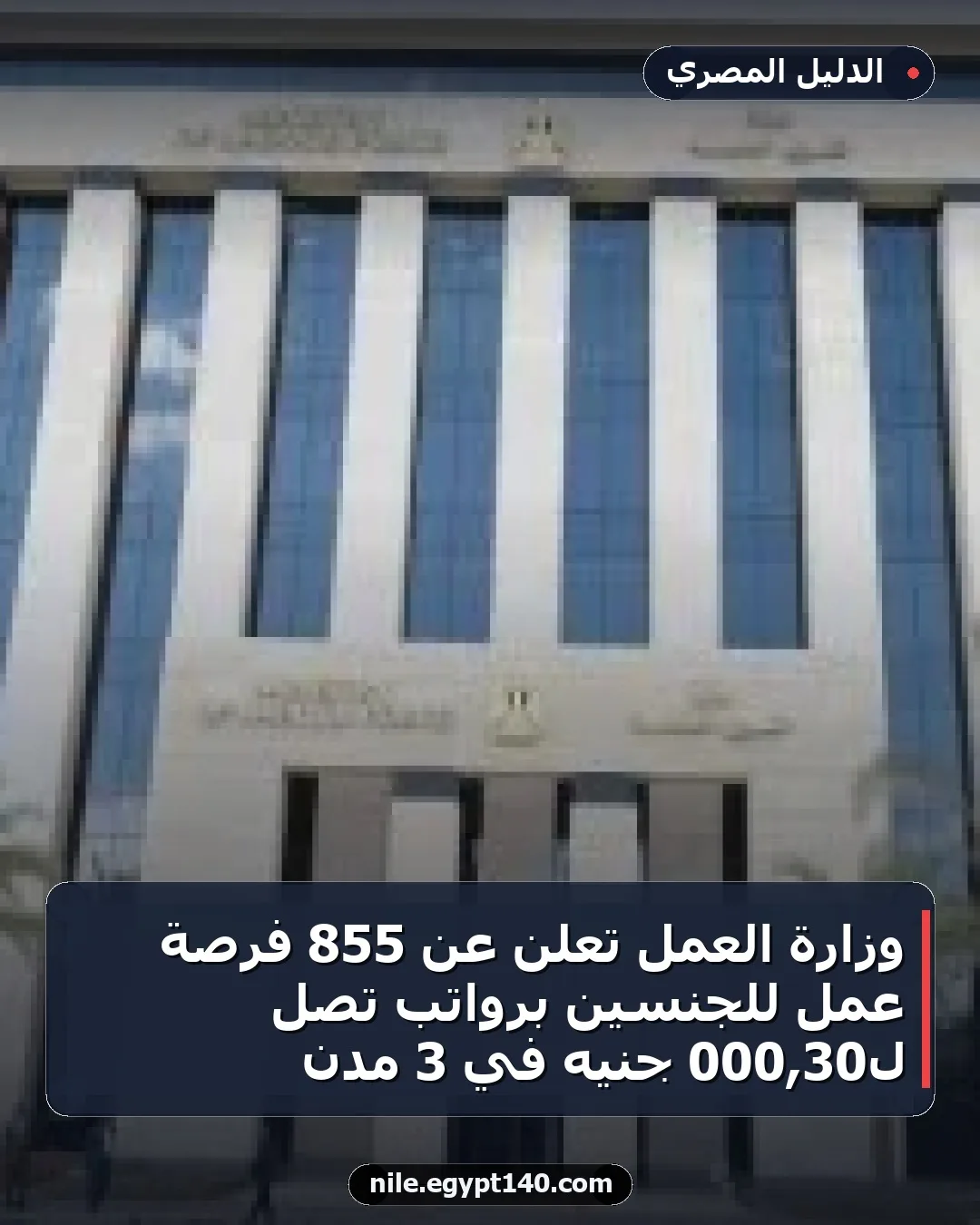 وزارة العمل تعلن عن 855 فرصة عمل للجنسين برواتب تصل لـ30,000 جنيه في 3 مدن